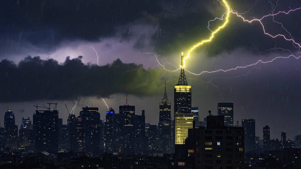 Night skyline split by a yellow strike